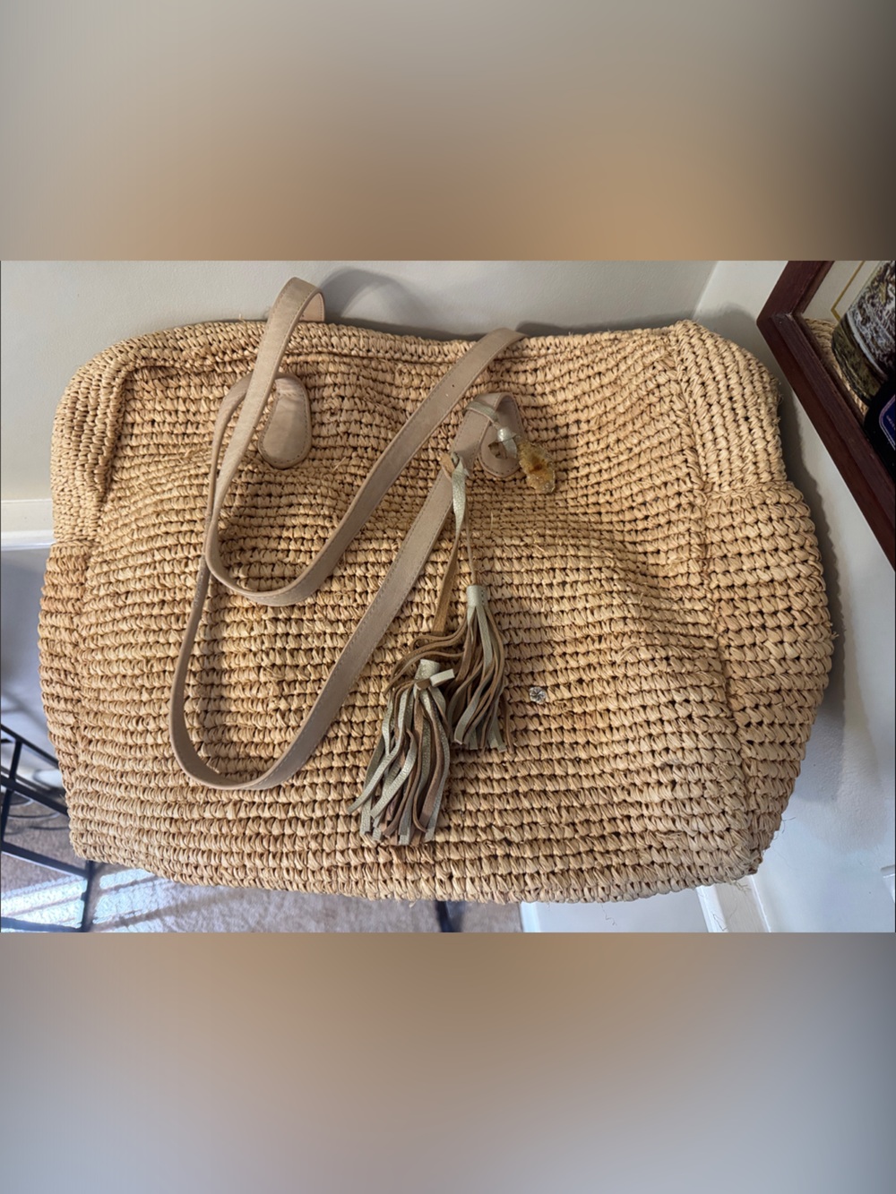 Flora Bella lux Handwoven Straw Tote with Tassel Shoulder Straps — Natural Beige